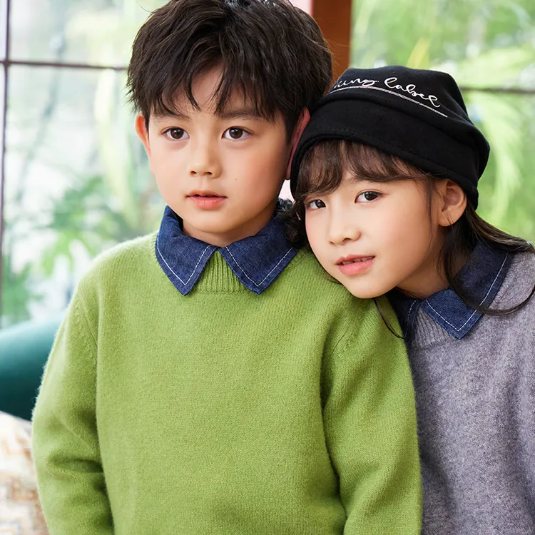 【假一赔十】100%儿童羊毛衫套头半高圆领羊毛衫男女童中大童羊毛衫