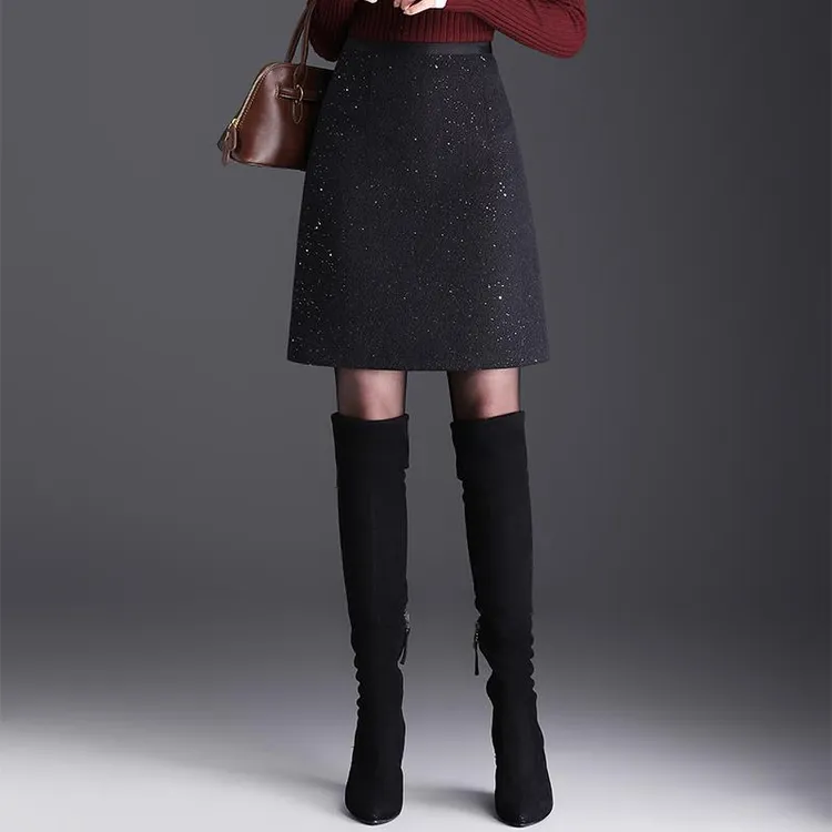 秋冬设计感亮片毛呢半身裙女2025新款百搭显瘦高腰包臀a字短裙子