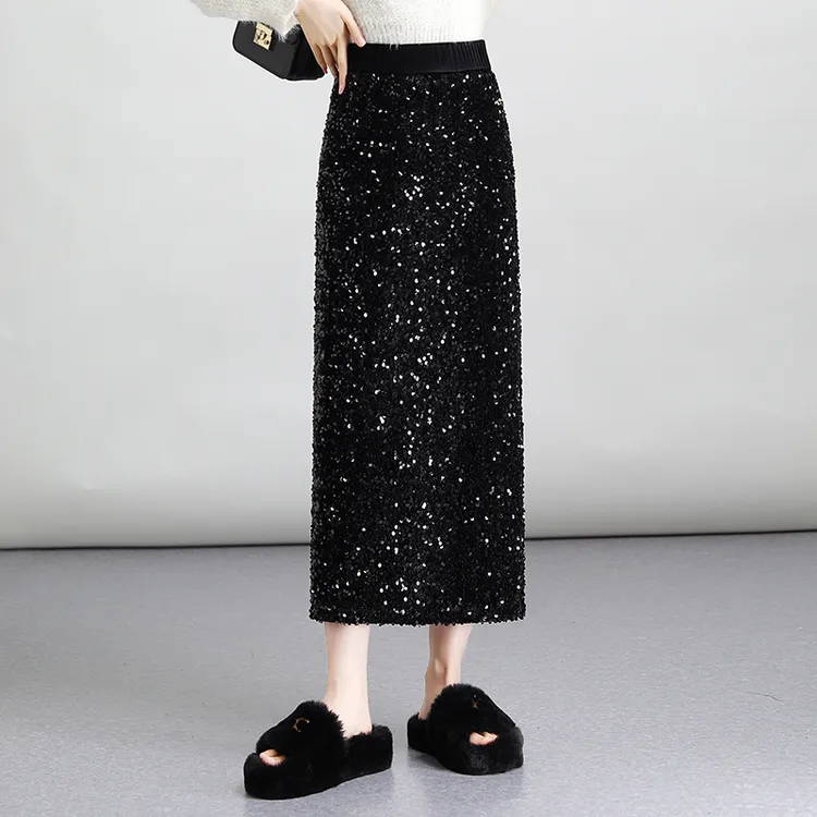 亮片闪闪包臀裙女秋季松紧腰显瘦半身裙中长款气质开叉直筒一步裙