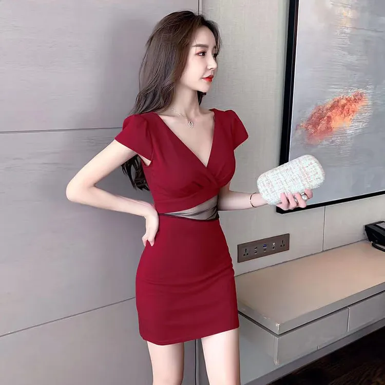 青竹雪夜店气质收腰修身显瘦紧身v领性感修身包臀裙桑职业工作
