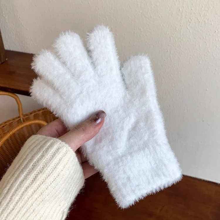 毛绒手套女仿兔毛针织毛线冬季学生ins可爱加绒保暖防寒五指骑车