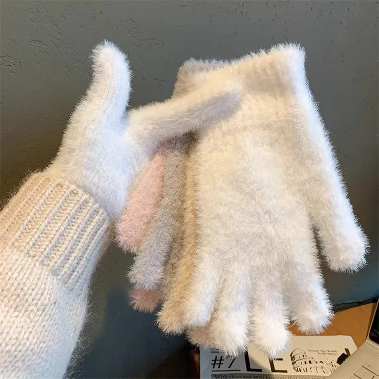 新款仿兔毛毛绒手套女秋冬季手套毛线加绒保暖可爱分指防寒学生男