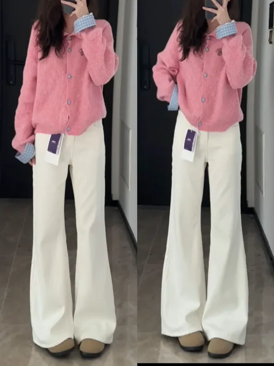 全新科技三防耐脏竹节纹白色牛仔裤高腰显瘦九分阔腿微喇裤秋