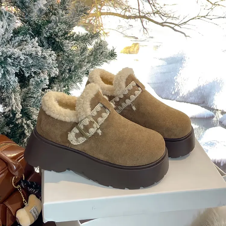 勃肯鞋女2025冬季新款时尚皮带扣装饰百搭加绒加厚保暖厚底女棉鞋