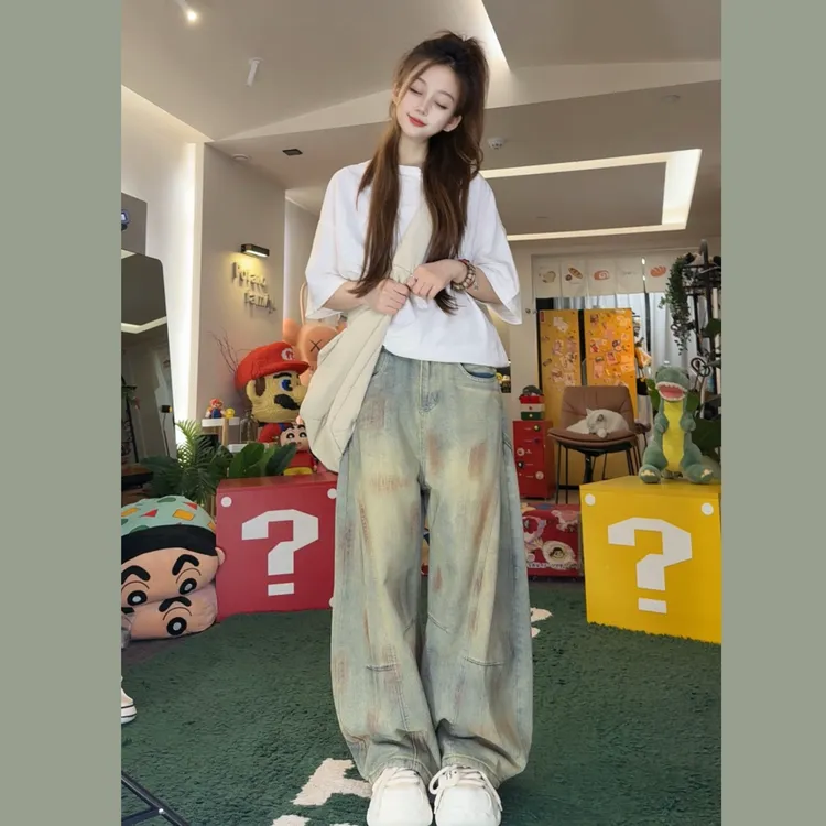 设计感废土泥染做脏弯刀牛仔裤男女同款情侣宽松阔腿嘻哈拖地裤子