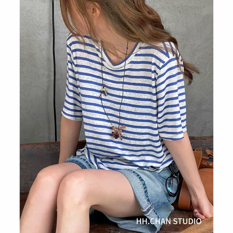 HH.CHAN“富国岛”定制亚麻夏季宽松凉快蓝白条纹短袖HH52D36990