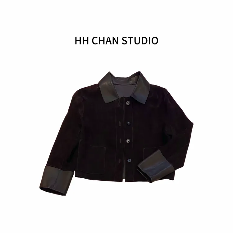 HH.CHAN“摩卡”100%反绒绵羊皮摩卡棕老钱高智翻领皮衣HH53N38846