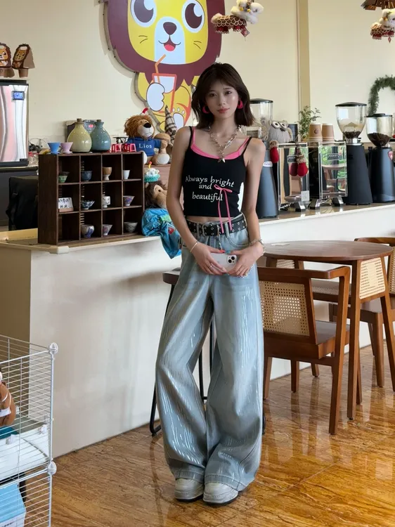 【夏夜银河】美式高街镀银牛仔裤春秋复古水洗高腰宽松阔腿拖地裤
