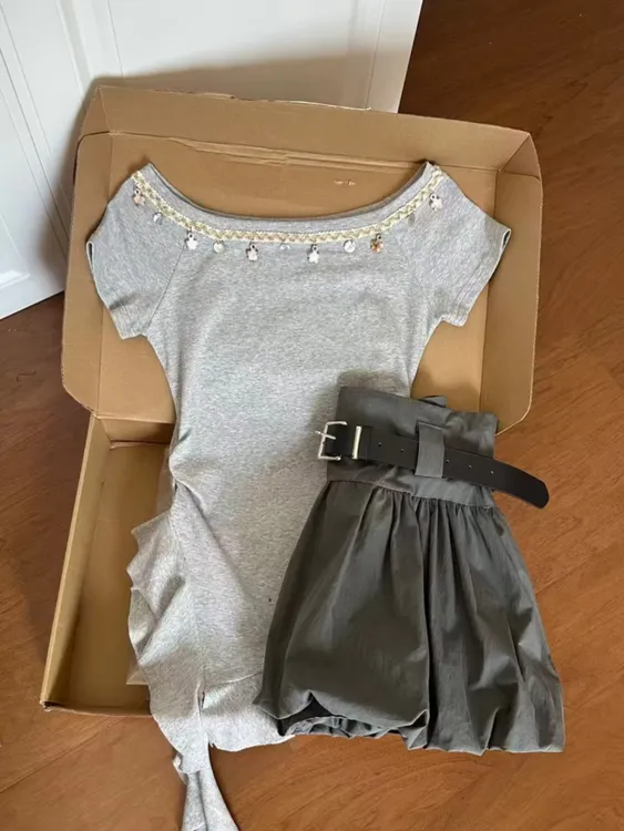 夏季新款法式独特别致小上衣不规则荷叶边个性美式花苞裙两件套女