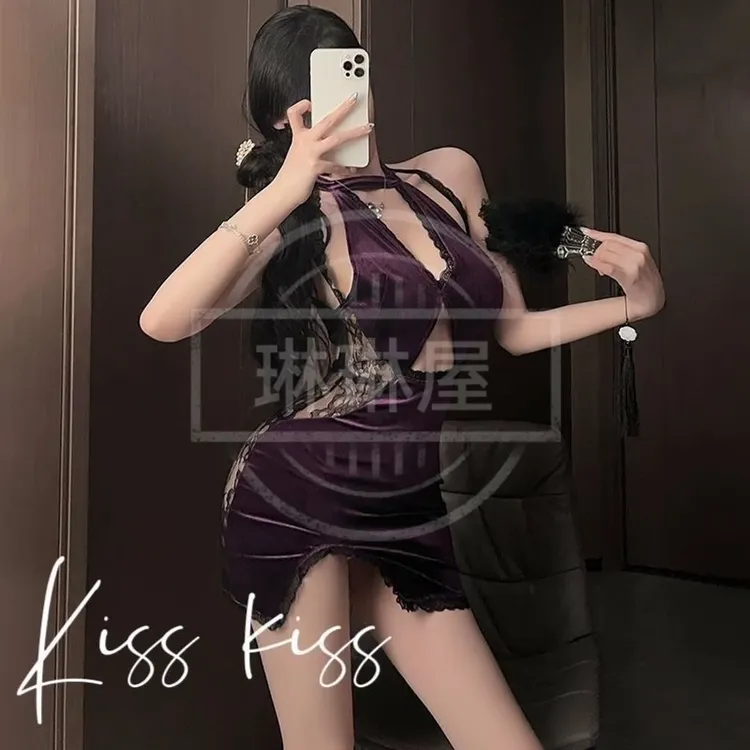 绮梦「紫色旗袍」浪漫性感蕾丝轻奢修身睡衣家居服a69