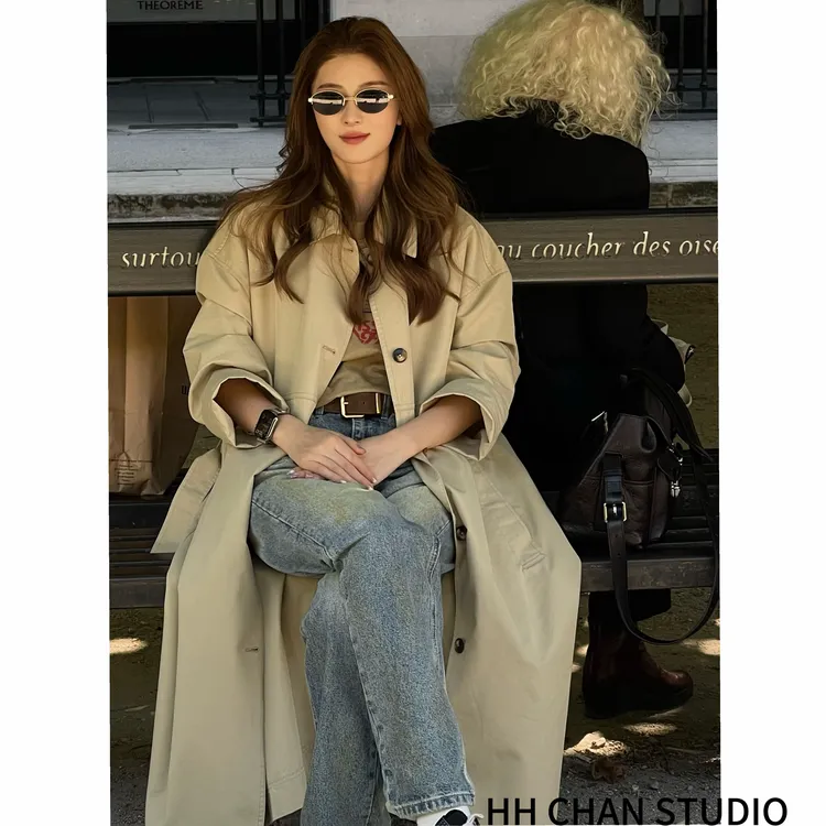 HH.CHAN“隐贵”定制棉极简英伦风奶油杏色长款风衣HH5337041