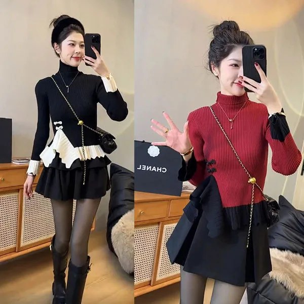 不规则拼接撞色荷叶边高领针织衫喇叭袖+短裙套装