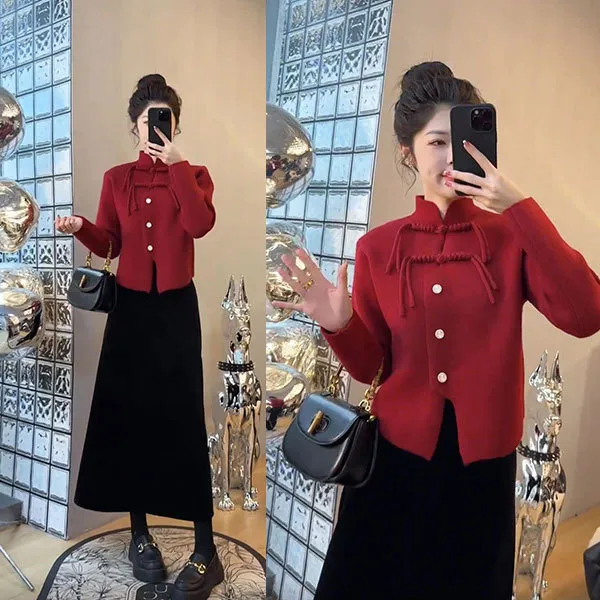 设计感洋气新中式流苏盘扣立领开衫毛衣+半身裙套装