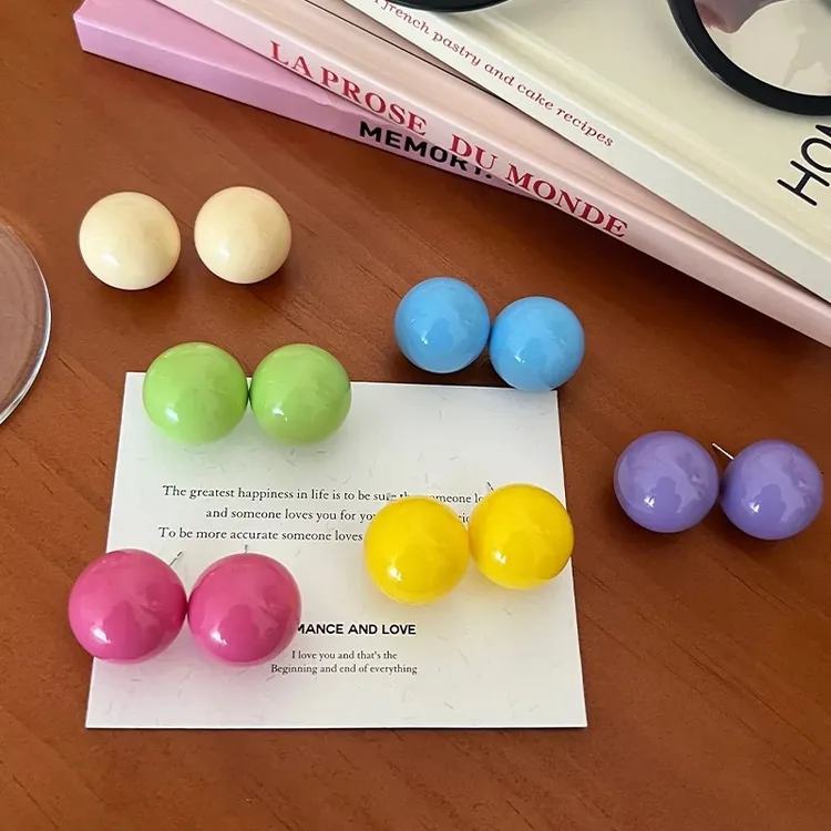 铜合金耳饰 6对装-马卡龙彩色糖果球球立体耳环