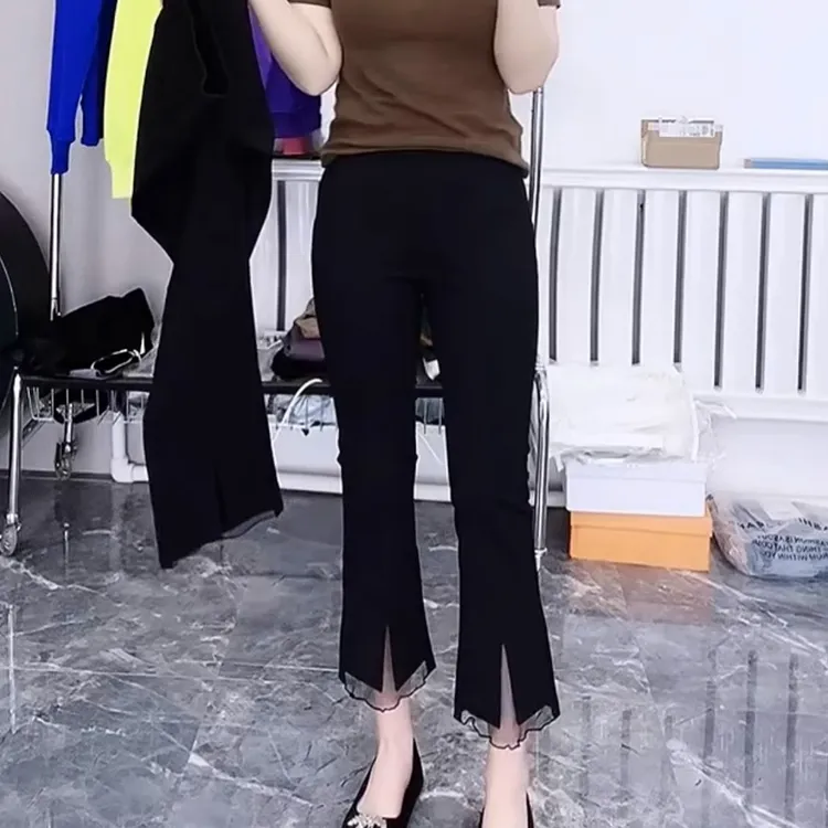 梨型身材穿搭高腰开叉微喇裤夏季薄款八分裤女2024大码黑色休闲裤