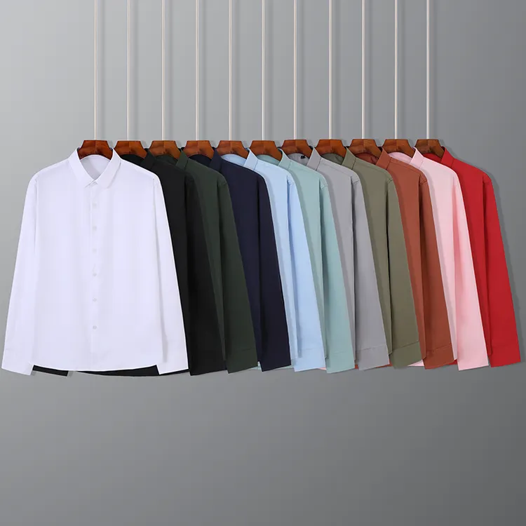 【四季新款易打理抗皱衬衫】透气丝滑时尚长袖修身男装衬衣白衬衫