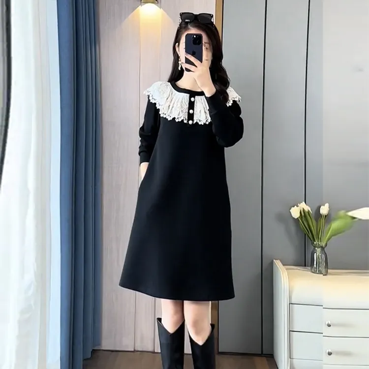 春季新款时尚气质高级感蕾丝拼接大码女装显瘦减龄中长款连衣裙