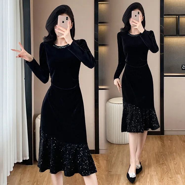 2024年长袖连衣裙女早秋新款法式拼接珍珠片长裙重工显瘦A字裙子