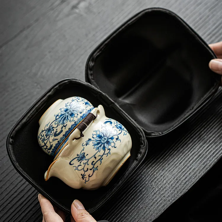 汝窑青花手工旅行茶具一壶三杯户外露营车载快客便携旅行茶具