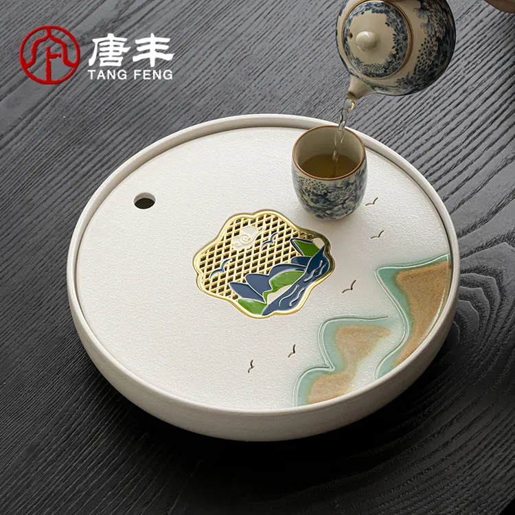 唐丰2025新款湖光山色茶盘家用全陶瓷一体茶具托盘干泡茶台沥水盘