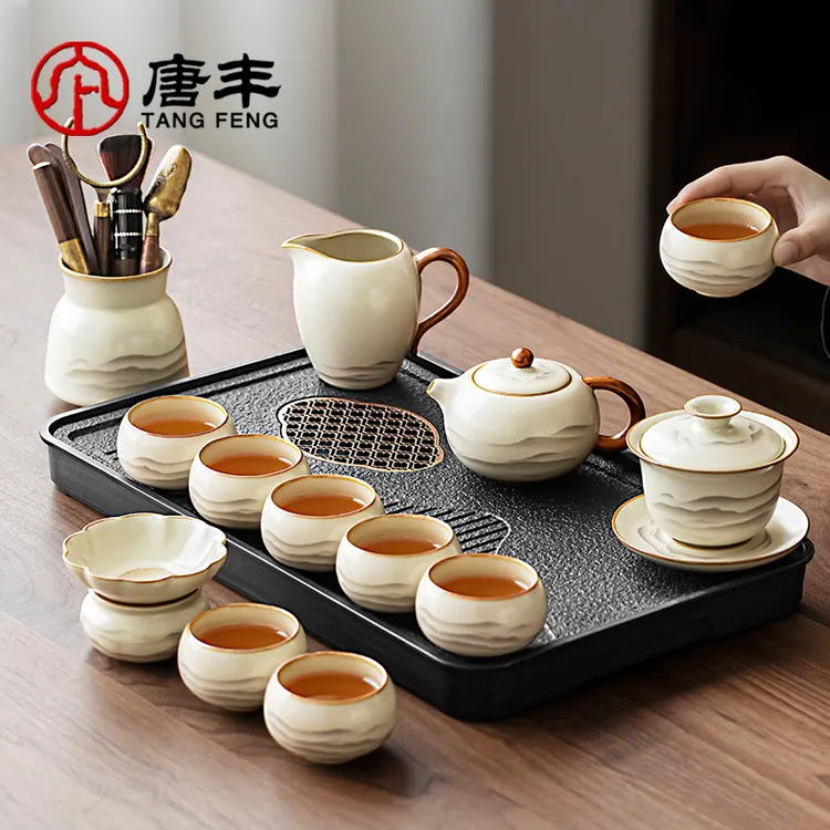 唐丰汝窑茶具套装开片家用办公室中式西施壶茶杯盖碗泡茶工具茶台