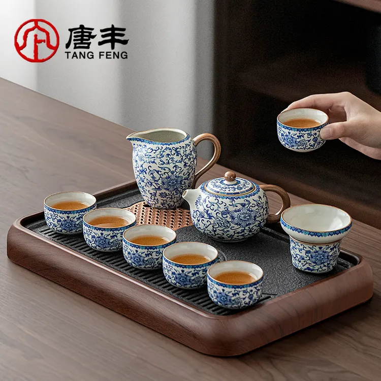 唐丰青花瓷汝窑功夫茶具套装茶台家用办公室茶壶茶杯干泡繁花茶具