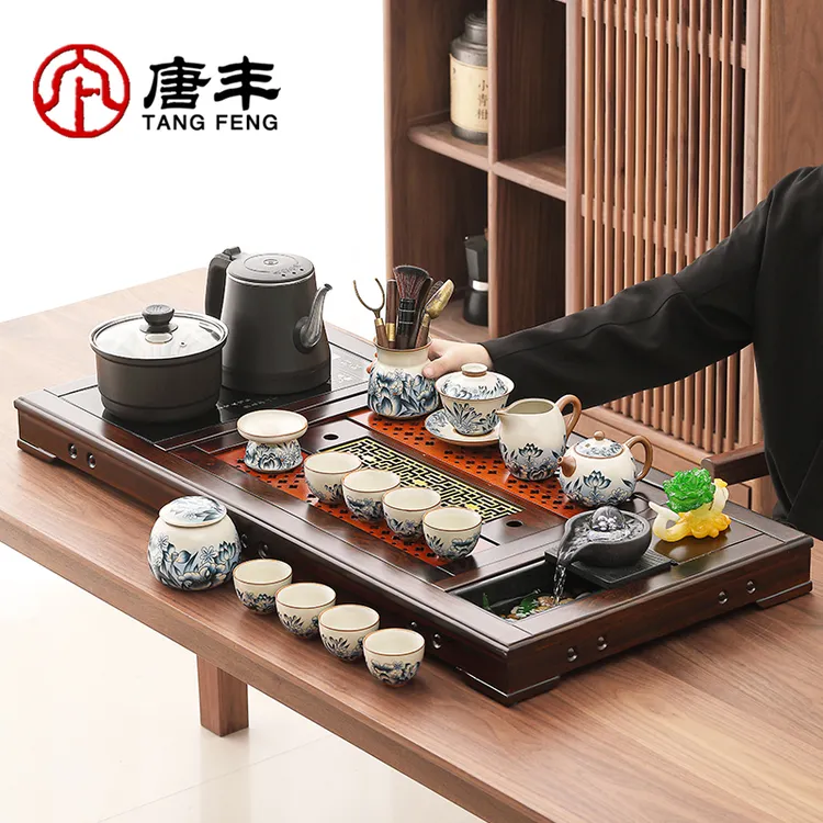 唐丰黑檀木茶盘茶台茶具套装家用中式烧水一体汝窑泡茶壶茶杯整套