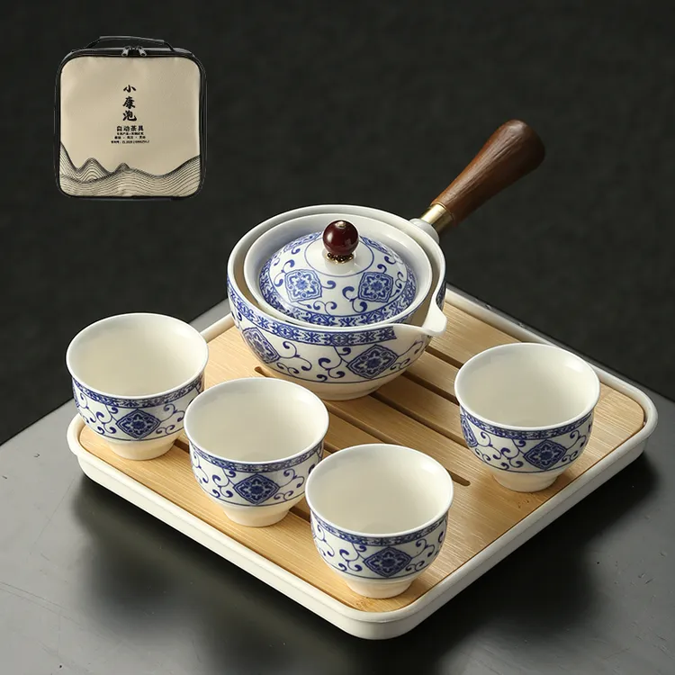 小康泡家用陶瓷侧把防烫旋转旅行茶具便携式快客杯一壶四杯送茶盘