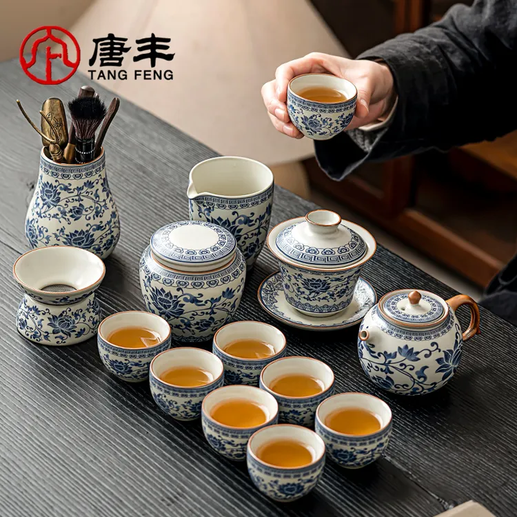唐丰青花瓷汝窑功夫茶具套装家用青花陶瓷新中式泡茶壶盖碗茶杯