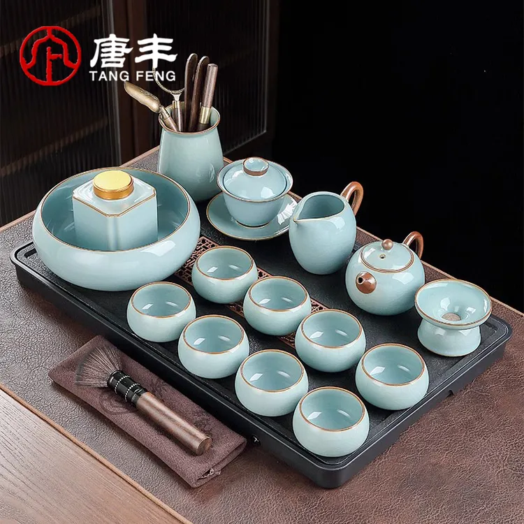 唐丰汝窑茶具茶台一套家用办公室新中式高档西施泡茶壶茶杯套装