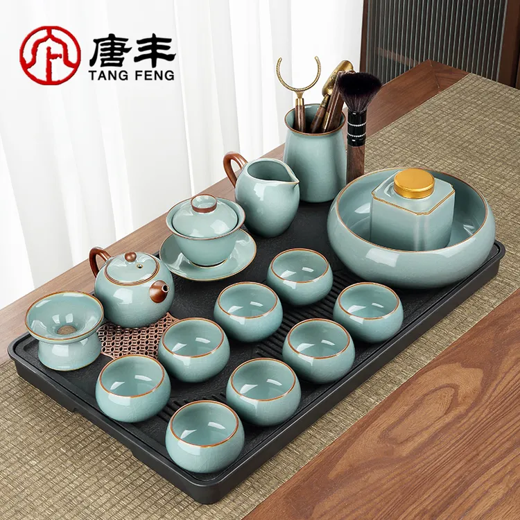 唐丰天青色汝窑茶具套装手工办公轻奢高档冰裂功夫泡茶壶茶杯小套