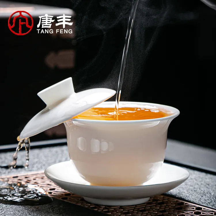 唐丰悬停德化白瓷三才盖碗羊脂玉瓷家用中式泡茶器瓷盖碗盖碗防烫