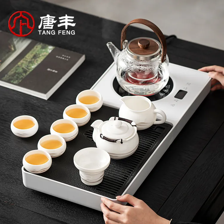 唐丰茶台烧水壶一体全自动茶盘家用羊脂玉瓷手抓壶喝茶杯茶具日式