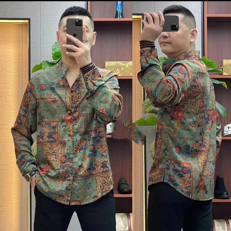 男款 高端时尚长袖唐装衬衫碎花上衣网红花色百搭潮流休闲提花ins