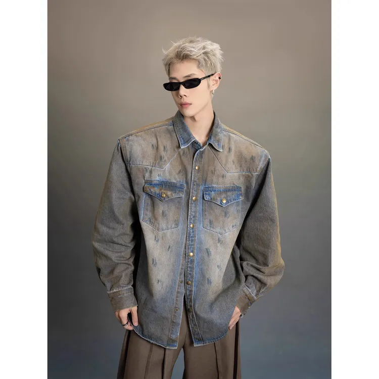 痞帅复古蓝牛仔衬衫外套男废土风外套做旧宽松休闲长袖春秋季衬衣