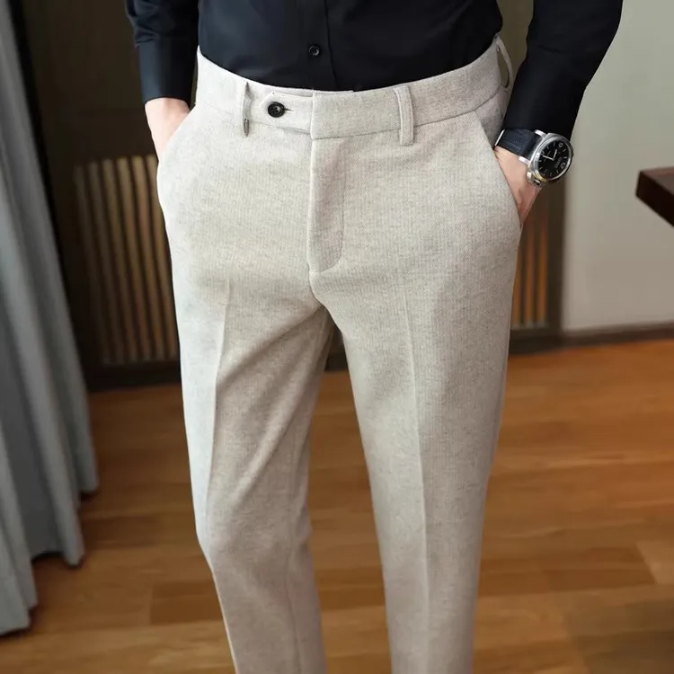 冬季高端羊毛西裤男秋冬款男士磨毛休闲裤修身直筒商务西装裤子男