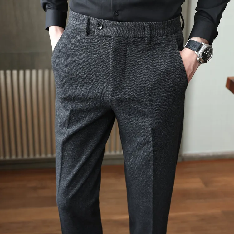 冬季毛呢料西裤男秋冬抓绒人字纹呢子男士休闲裤磨毛商务西装裤子