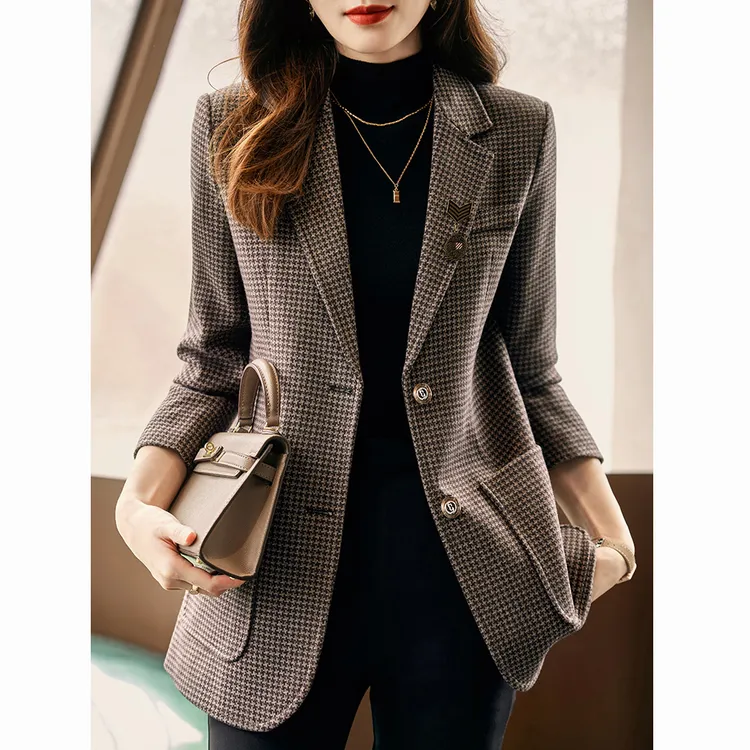 千鸟格小西装外套女2025春秋新款高级感厚款休闲女士西服毛呢上衣
