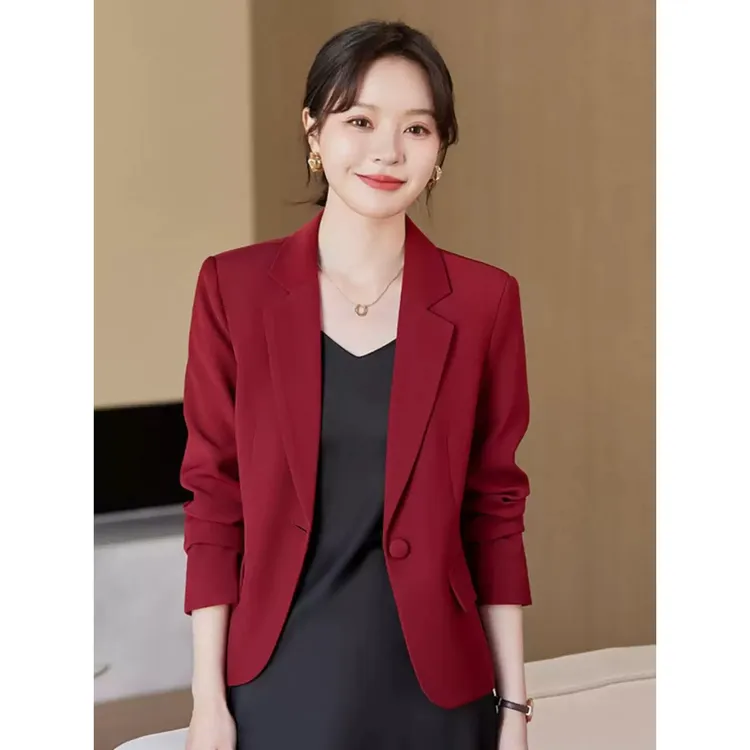 酒红色西装外套女春秋2025新款休闲修身小个子上衣短款女士小西服