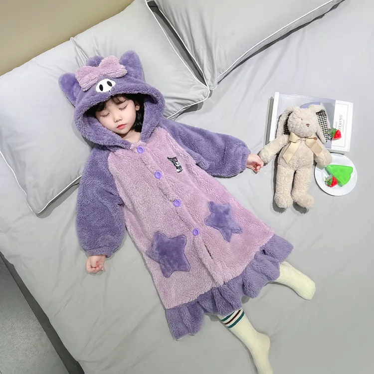 女童睡衣儿童秋冬季珊瑚绒加绒加厚款中小童长款家居服睡袍浴袍