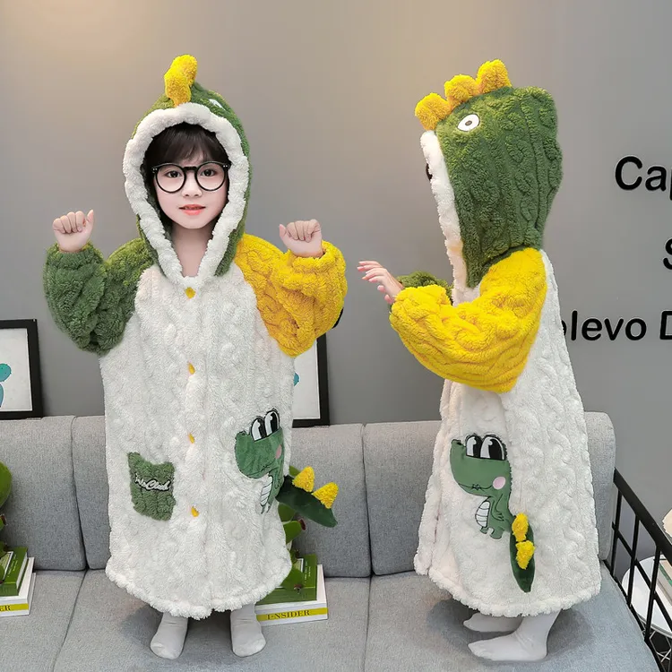 男童珊瑚绒睡袍秋冬款儿童加厚保暖浴袍冬季男宝宝法兰绒恐龙睡衣