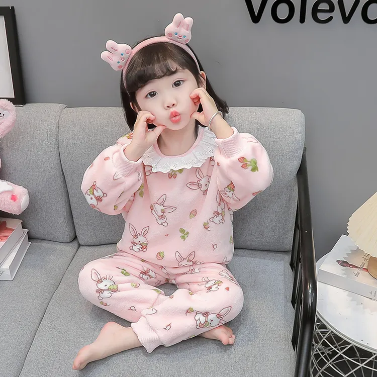 女童秋冬珊瑚绒睡衣宝宝冬装保暖套装小女孩幼儿法兰绒家居服加厚