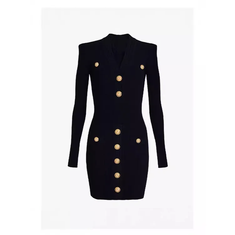 初秋法式名媛小香风V领金扣显瘦长袖针织轻奢名媛修身辣妹连衣裙