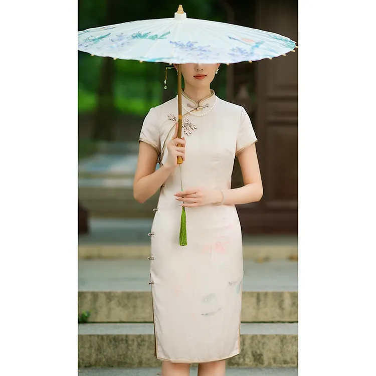 手工旗袍56355 金吴针旗袍裙气质优雅修身显瘦手工滚边花扣中长款