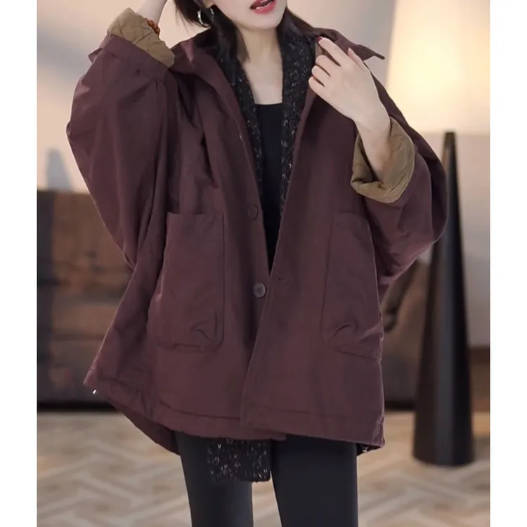 高级感黑色连帽棉服外套女秋冬新款宽松显瘦慵懒休闲夹棉长款上衣