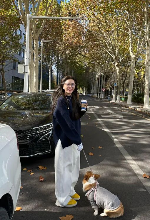 秋冬慵懒韩系一整套ootd穿搭高级感蓝色圆领套头毛衣阔腿裤套装女