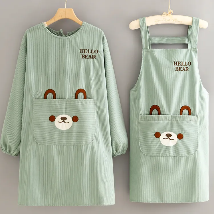 时尚卡通条绒长袖围裙家用厨房成人罩衣防污耐脏女护衣新款工作服