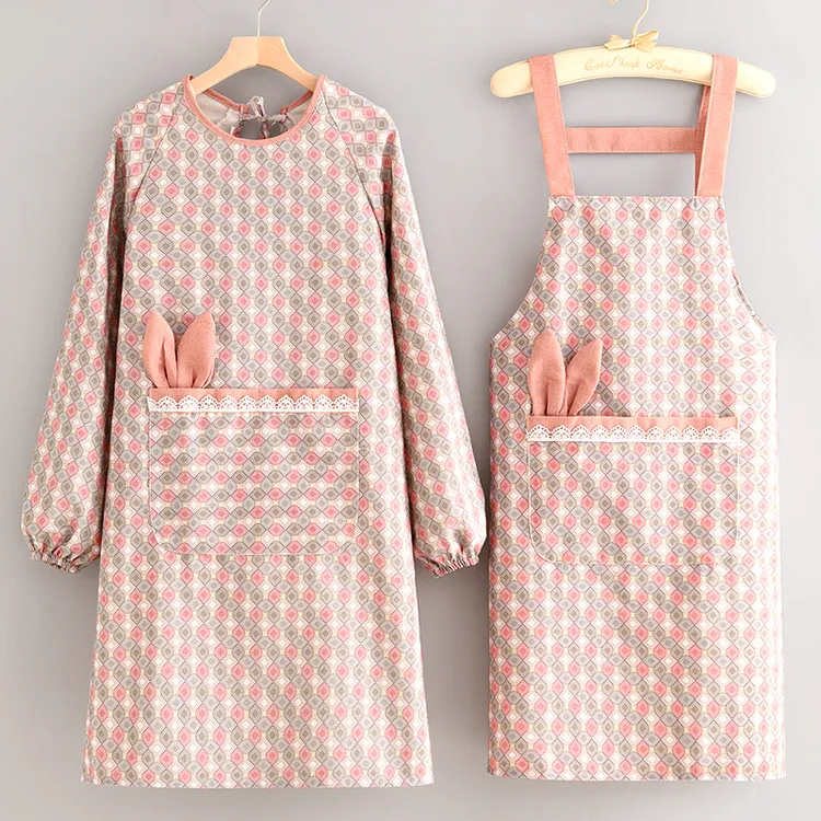 小清新防污帆布罩衣厨房家用围裙耐磨长袖成人围腰餐饮专用工作服