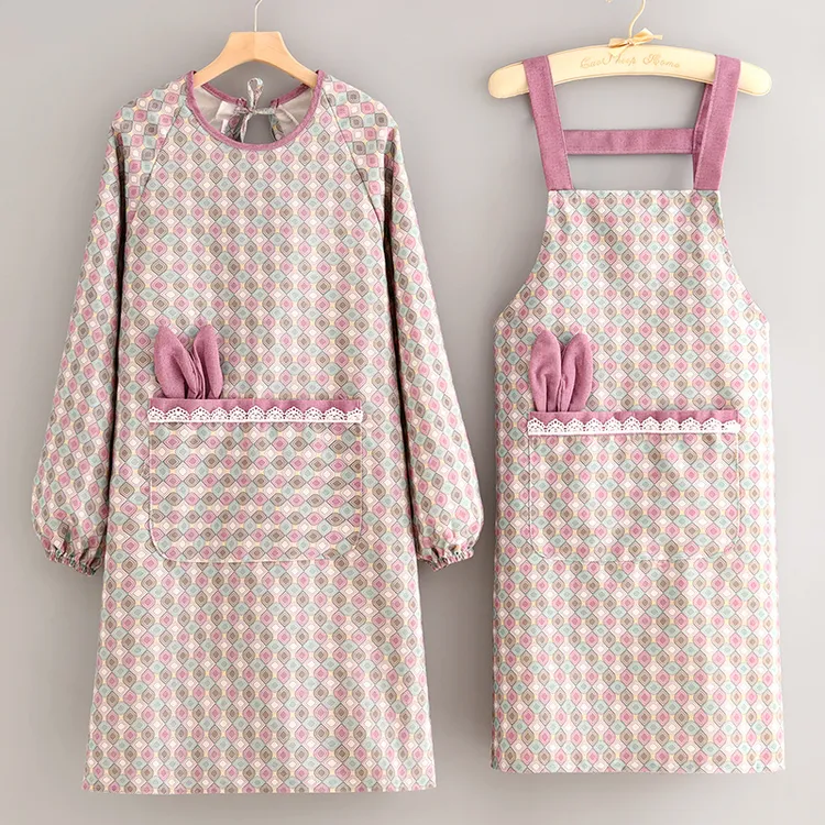 帆布耐磨罩衣防污透气长袖围裙厨房家用做饭围腰女餐饮工作服成人