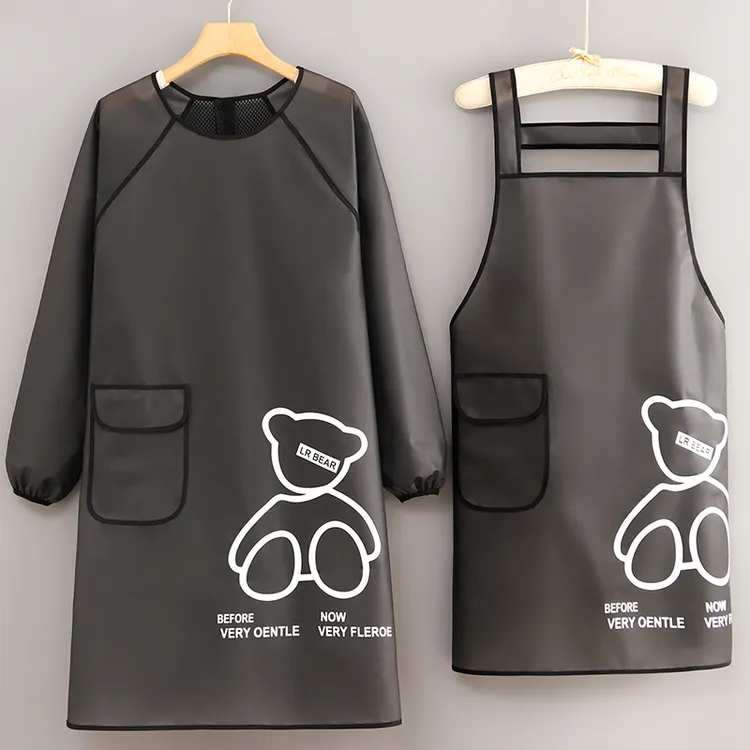 免洗防水TPU半透明围裙厨房家用长袖罩衣做饭定制logo印字工作服